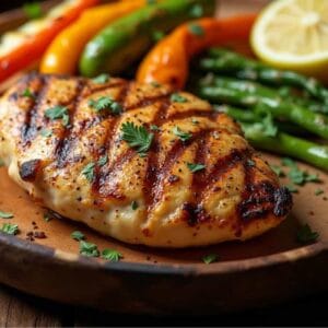 Filet de poulet grillé servi sur une assiette élégante