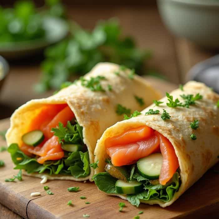 Wraps saumon fumé et fromage frais enroulés et prêts à servir
