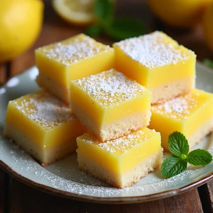 Carrés au citron dorés et fondants sur une assiette blanche