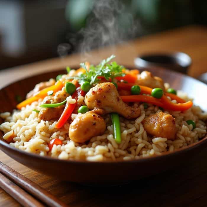 Riz sauté au poulet frais et savoureux