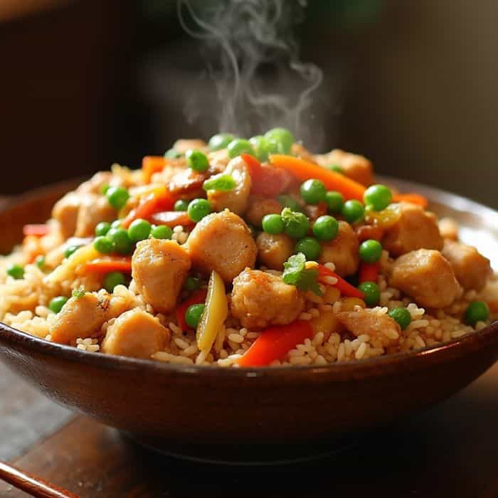 Riz sauté au poulet frais et savoureux