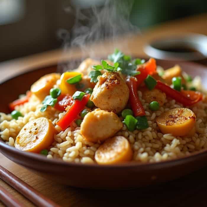 Riz sauté au poulet frais et savoureux