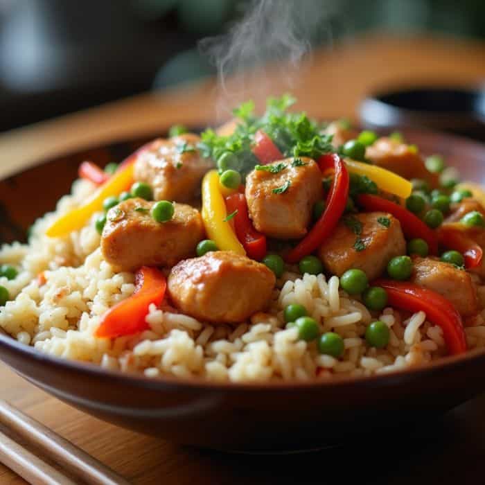 Riz sauté au poulet frais et savoureux
